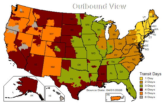 UPS outbound delivery days from New York, postal code 12010